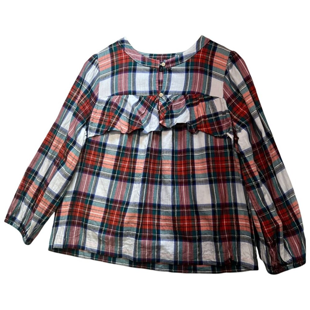 J. Crew Women Snowy Stewart Tartan Boxy Top Ruffle Trim Size M Multi Long Sleeve
